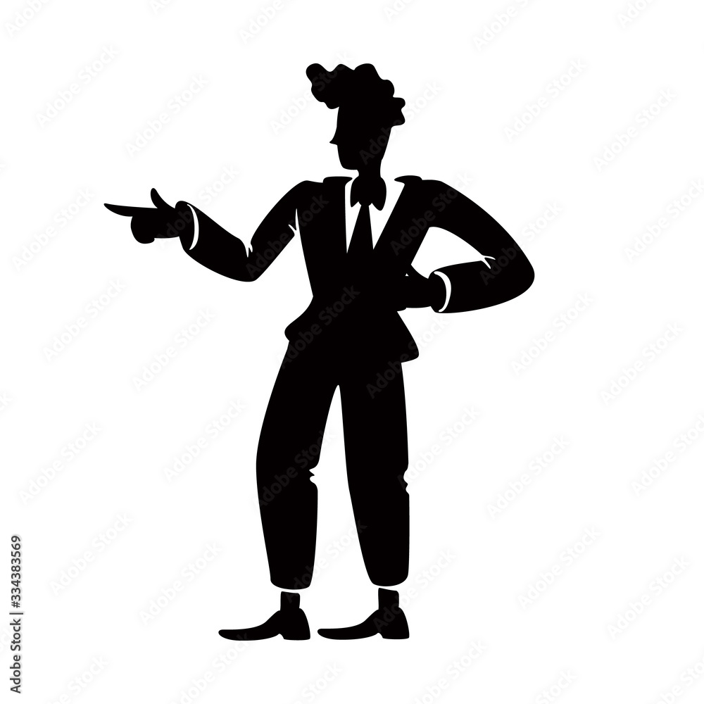 Handsome guy flirting, having fun black silhouette vector illustration. Confident old school male person pose. Retro style man gesturing 2d cartoon character shape for commercial, animation, printing