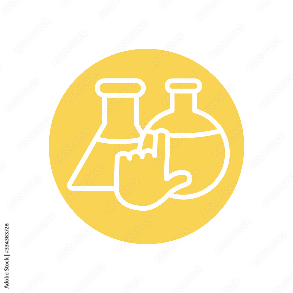 chemical flask with hand cursor icon, line block style chemical flask with hand cursor icon, line block style