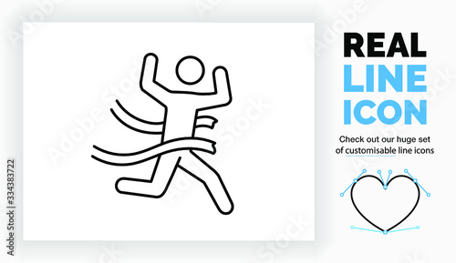 Editable real line icon of a stick figure running as a athletic sport on the olympic winning the race with succes and celebrating while breaking the chord at the finish in full body view as a eps