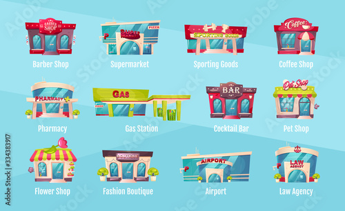 Shop front flat color vector objects set. Barber salon. Supermarket exterior. Sporting goods. Gas station. Law agency. Flower shop. Storefront 2D isolated cartoon illustrations on blue background