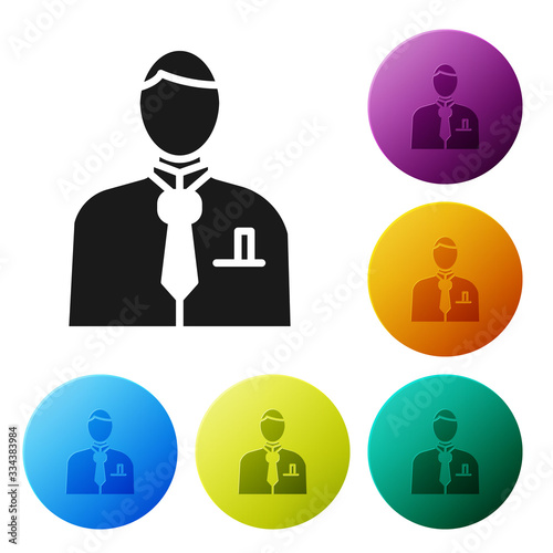 Black Businessman or stock market trader icon isolated on white background. Set icons in color circle buttons. Vector Illustration