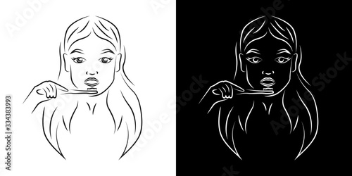 Woman brushing teeth contour portrait vector illustration. Girl face and toothbrush realistic line art. Lady daily morning hygienic routine outline character on black and white backgrounds