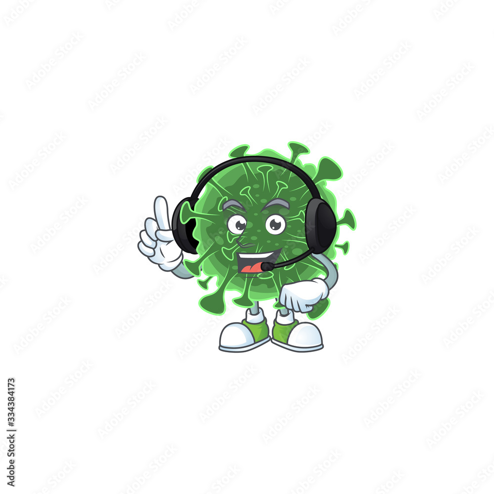 Obraz premium An attractive wuhan coronavirus mascot character concept wearing headphone