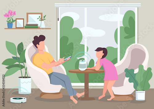 Automated domestic appliances flat color vector illustration. People using smart speaker and vacuum cleaner. Child and man with smartphone 2D cartoon characters with living room on background