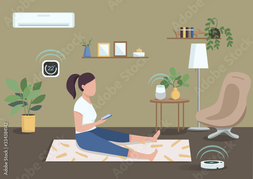 Smart climate control flat color vector illustration. Girl controlling air conditioner and vacuum cleaner with smartphone. Woman working out 2D cartoon character with living room on background