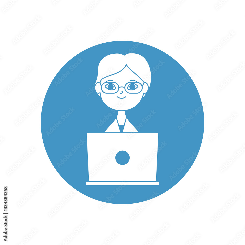 doctor online concept, cartoon doctor with laptop computer icon, block style
