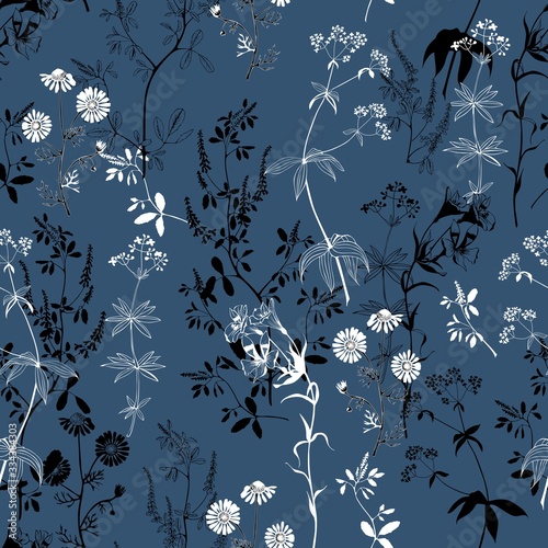 Meadow flower silhouettes seamless pattern. Vector floral drawing.
