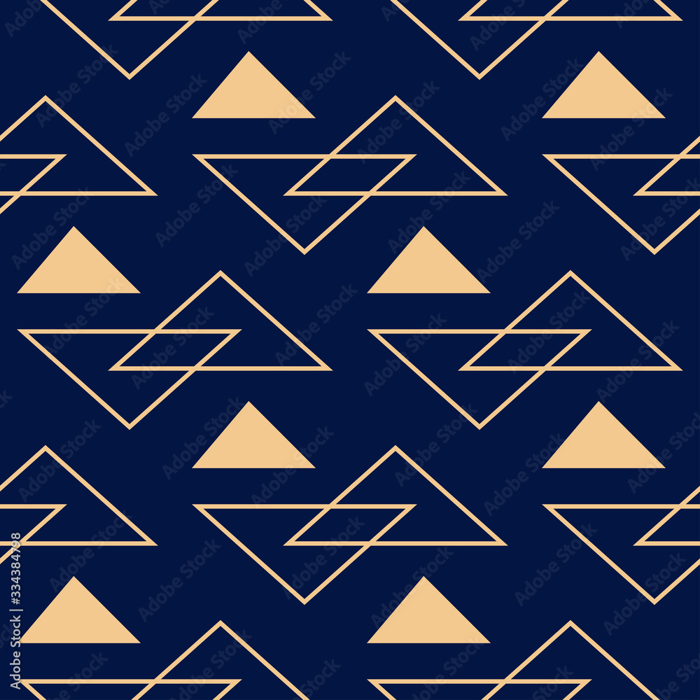Obraz premium Geometric seamless design. Golden triangle pattern on dark blue background