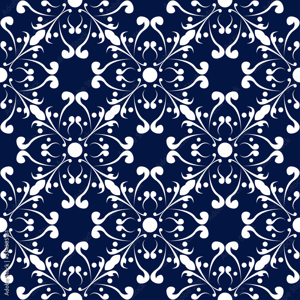 Floral seamless pattern. White flowers on dark blue background