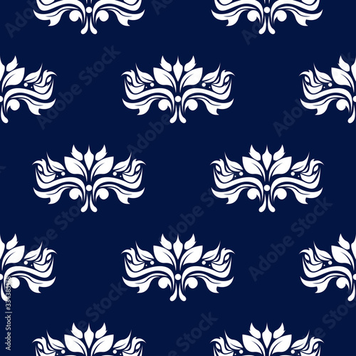 Floral seamless pattern. White flower decorations on dark blue background