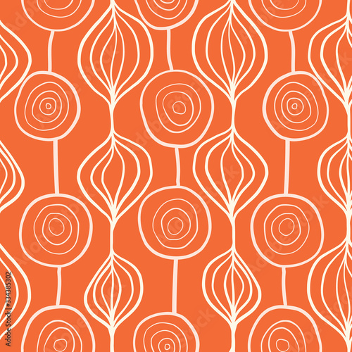 Abstract organic ornamental vertical floral vector pattern. Contemporary white and orange mod art organic repeating shapes background. Modern Scandinavian style backdrop hand drawn lines. 