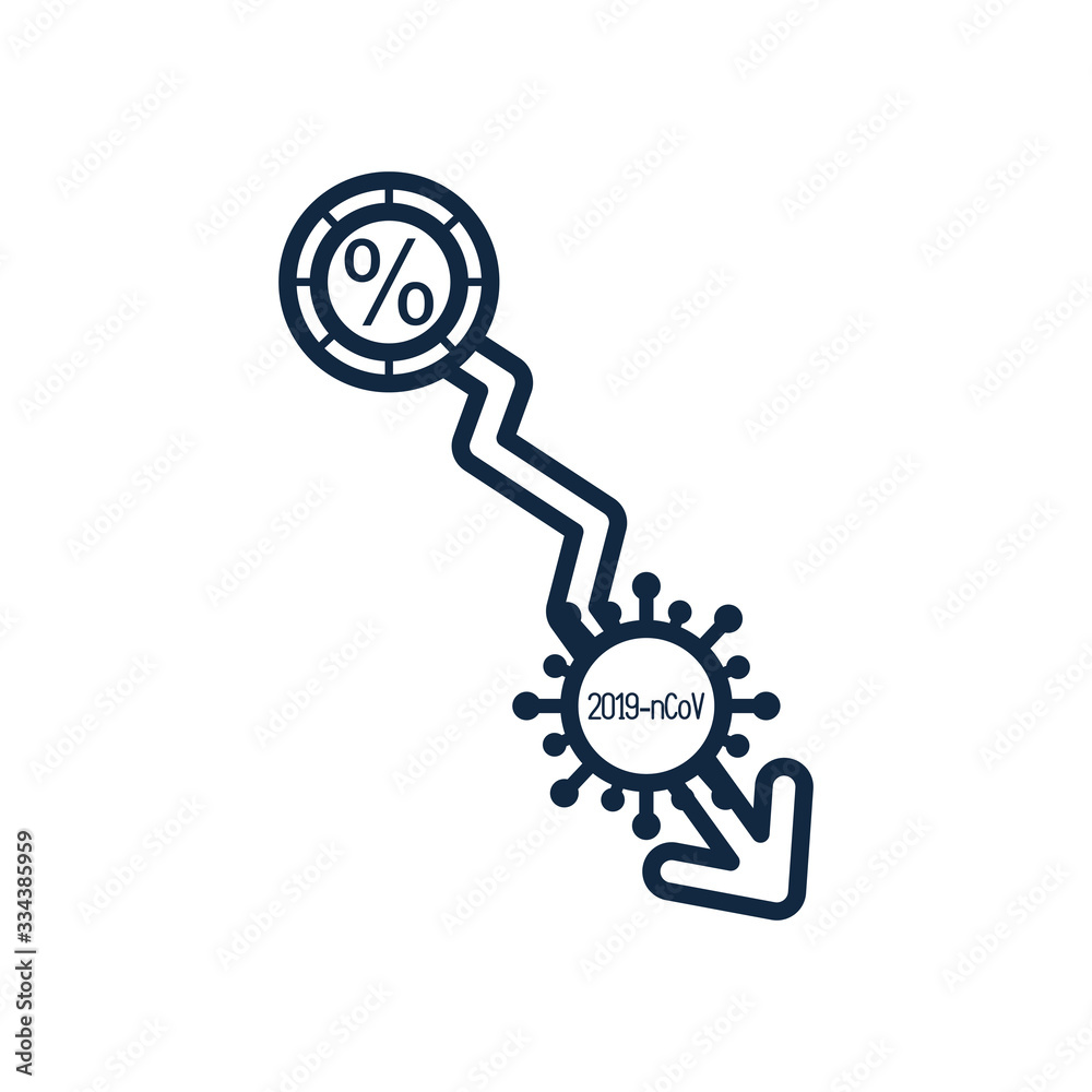 stock market crash concept, descending financial arrow and coin and coronavirus symbol icon, line style