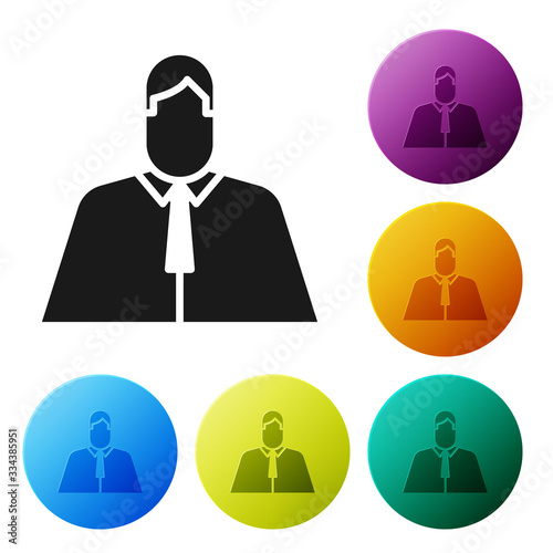 Black Lawyer, attorney, jurist icon isolated on white background. Jurisprudence, law or court icon. Set icons in color circle buttons. Vector Illustration