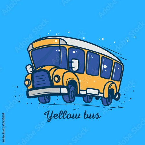Yellow school bus in motion in cartoon style as a sticker.