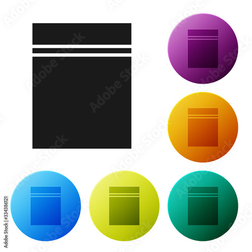 Black Plastic bag with ziplock icon isolated on white background. Set icons in color circle buttons. Vector Illustration