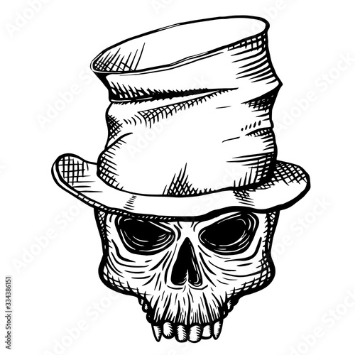 Hand drawn skull of a dead man in a crumpled top hat, on a white background. Vector illustration (ID: 334386151)