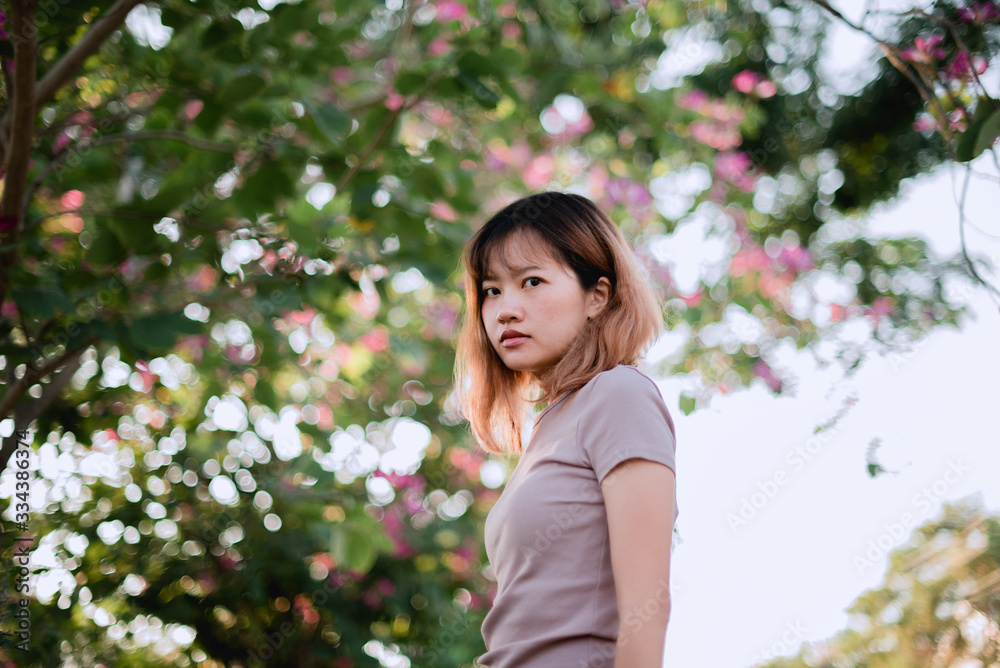 Asia Girl T-shirt Portrait in Garden Relax Asia Girl T-shirt Portrait in Garden Relax