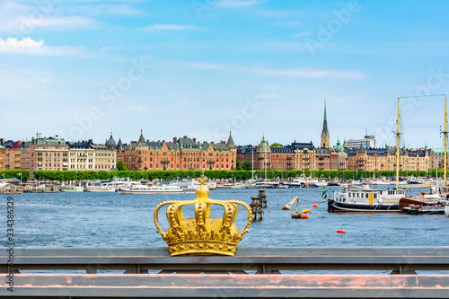 Photography Royal Crown and architecture of Strandvagen embankment, Stockholm, Sweden