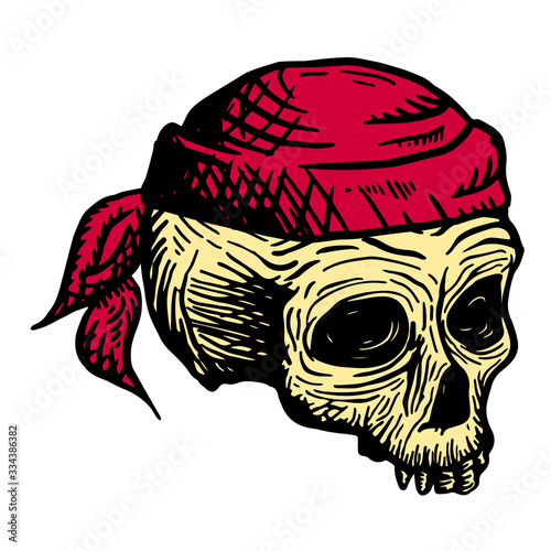 Hand drawn skull of a dead man in a red bandana, on a white background. Vector illustration (ID: 334386382)