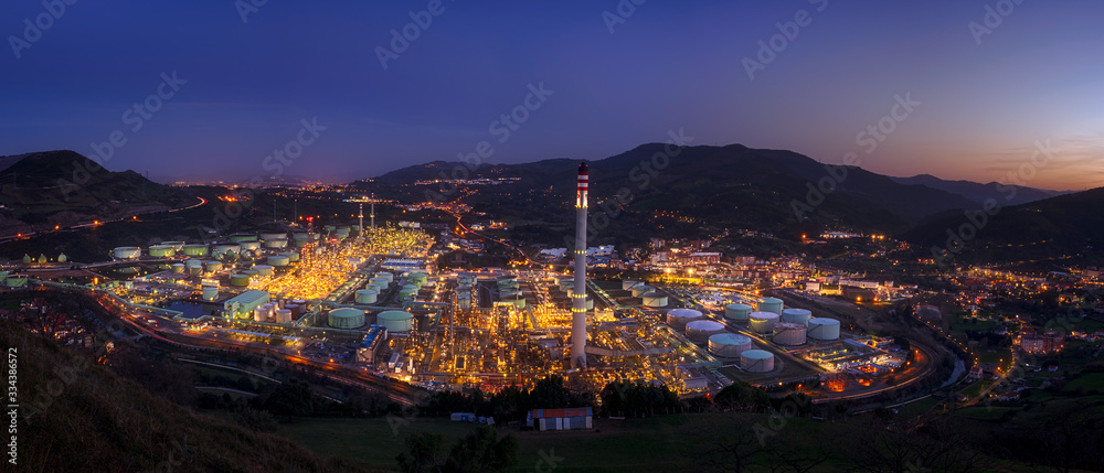 A panoramic view of a refinery at night in Muskiz (Spain)