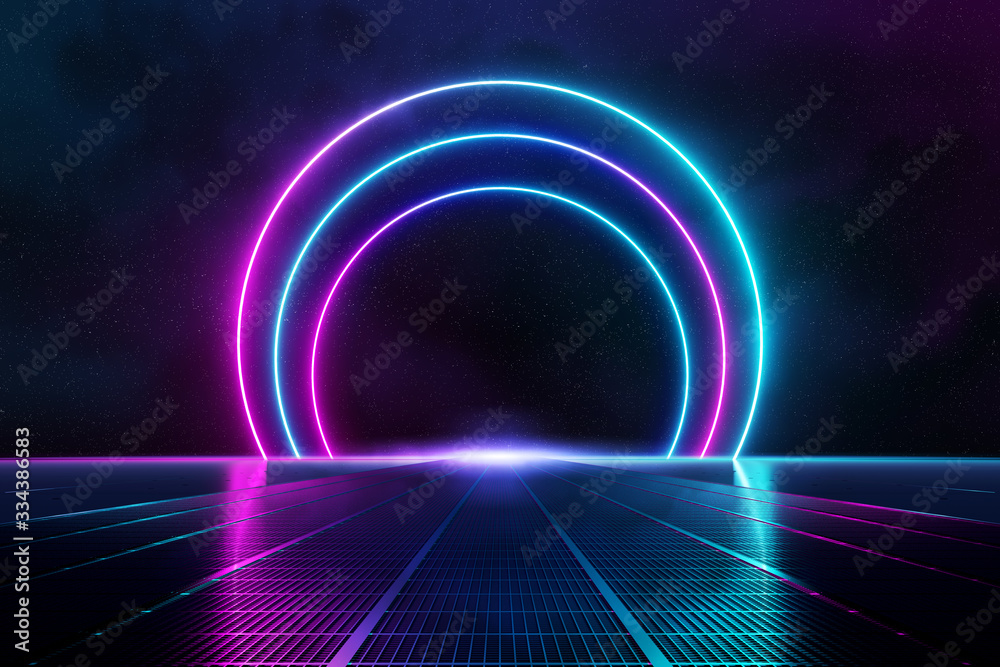 Abstract background pathway leading to blue and pink neon light circles reflecting on the floor 3D rendering