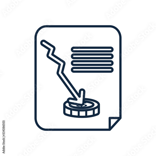stock market crash concept, financial document with descending arrow and coin icon, line style