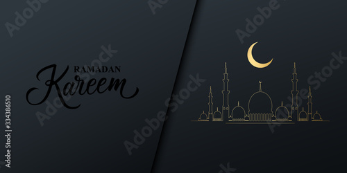 Ramadan celebrate banner with black handwritten inscription Ramadan Kareem, gold crescent moon and golden colored mosque. Muslim holy month vector illustration.