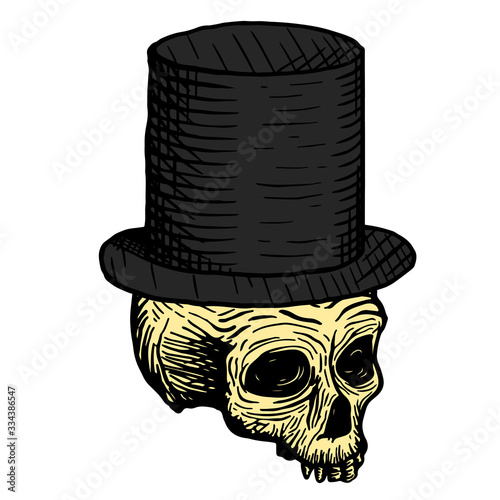 Hand drawn skull of a dead man in a black top hat, on a white background. Vector illustration (ID: 334386547)