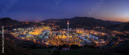 A panoramic view of a refinery at night in Muskiz (Spain)