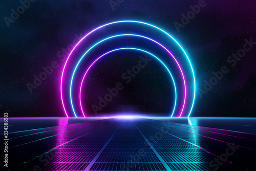 Fototapeta Naklejka Na Ścianę i Meble -  Abstract background pathway leading to blue and pink neon light circles reflecting on the floor 3D rendering