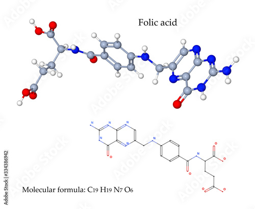 Folic acid - 3d illustration of molecular structure. Also know as Folate or Vitamin B9 is essential for the body to make DNA and RNA and metabolise amino acids which are required for cell division