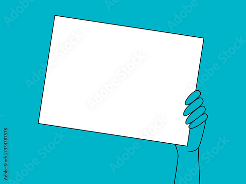 Hand holds a blank poster with place for your text. Vector illustration