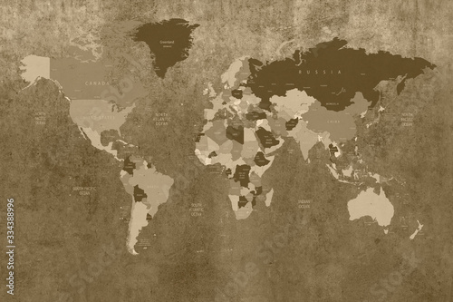 Fototapeta Naklejka Na Ścianę i Meble -  yellow brown map of the world with names of states wallpaper background