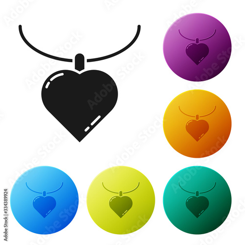 Black Necklace with heart shaped pendant icon isolated on white background. Jewellery decoration. International Happy Women Day. Set icons in color circle buttons. Vector Illustration