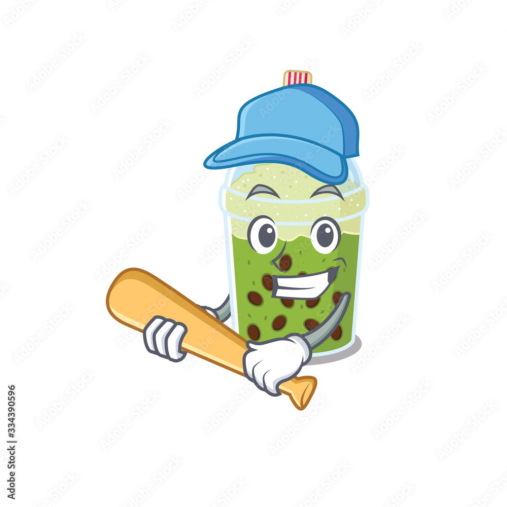 Mascot design style of matcha bubble tea with baseball stick