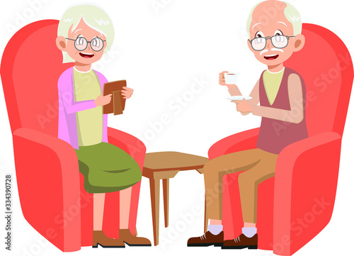 Grandmother and grandfather are relaxing together on their sofa vector illustration