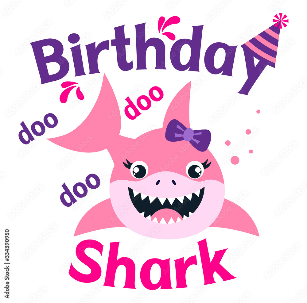  Birthday Shark girl vector illustration. Cute little shark with lettering. Birthday Shark shirt design. Kids fashion graphic. 