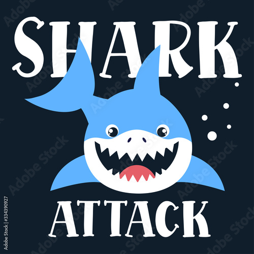 Shark attack boy vector illustration. Shark with lettering. Print with cartoon shark for t-shirt, poster, textile, card, fabric, wear. Kids fashion graphic. 
