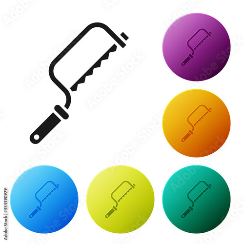 Black Hacksaw icon isolated on white background. Metal saw for wood and metal. Set icons in color circle buttons. Vector Illustration