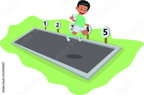 Sporty boy is doing long jump and he try to reach the longest distance