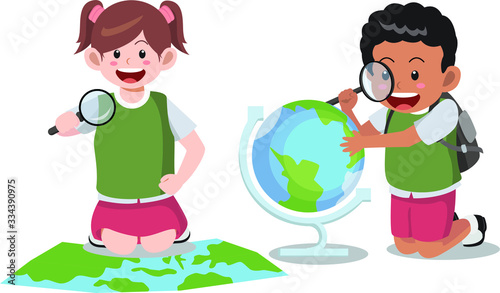 Male and female student with magnifying glass observer globe on their geography class