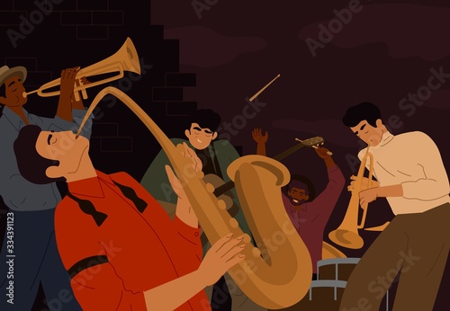 Team of street artistic people playing on musician instrument at night city. Jazz band classical music performers vector graphic illustration. Male guitarist, saxophonist, drum player and trumpeter