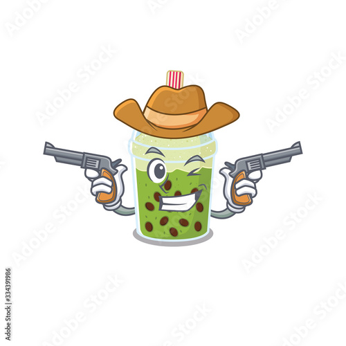 Funny matcha bubble tea as a cowboy cartoon character holding guns