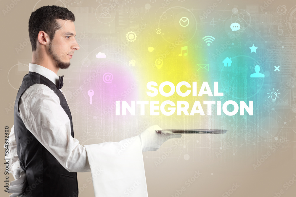 Waiter serving social networking with SOCIAL INTEGRATION inscription, new media concept Waiter serving social networking with SOCIAL INTEGRATION inscription, new media concept
