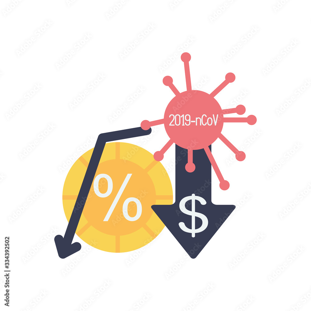 stock market crash concept, descending financial arrow and covid19 symbol and arrow with money symbol icon, flat style