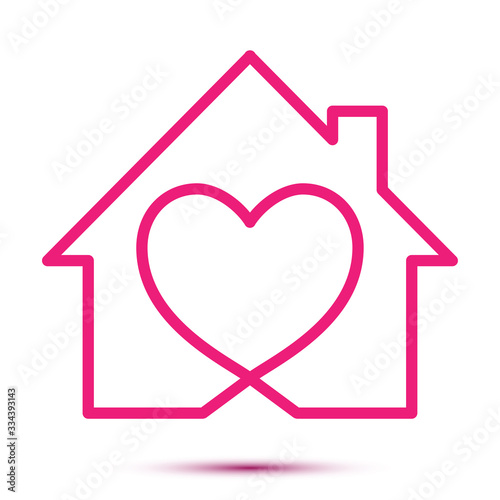 Home love heart logo - Business corporate logo. Handmade lettering print. Vector illustration with hearts, roof and chimney. Simple icon of house with heart shape within. House line art shape.
