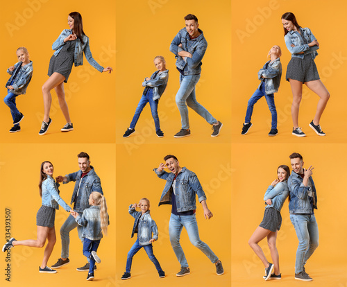Set of dancing family on co...