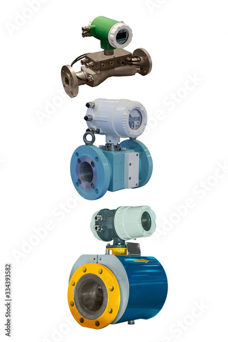 three modern industrial gas meter high precision digital isolated on white background
