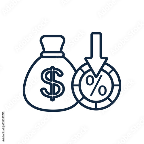 stock market crash concept, money bag and arrow with coin icon, flat style