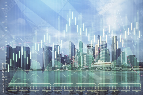 Forex chart on cityscape with tall buildings background multi exposure. Financial research concept.